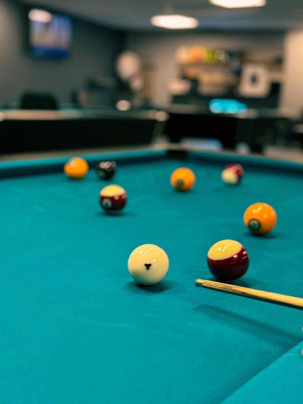 Close-up of pool balls racked on a table at Rackzz Pool Club, Dundalk
