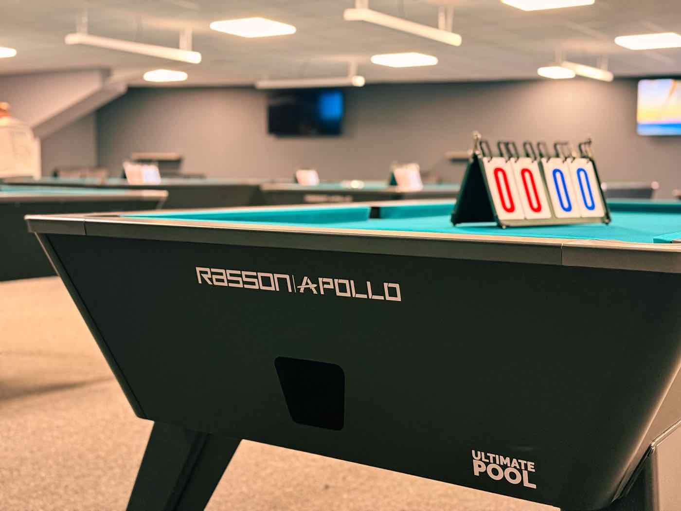 Rasson Apollo pool table with touch-screen scoreboard at Rackzz Pool Club, Dundalk
